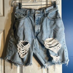 Urban renewal recycled Levi’s destroyed denim Bermuda shorts XS